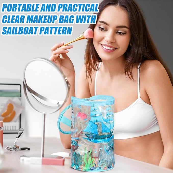 Sanwuta Beach Gifts Heavy Duty Clear Lotion Toiletry Bags for Travel Sunscreen Makeup Cosmetic Pouch Cylinder Bag Waterproof Portable Trip Bag with Handle Zipper(Sailboat)