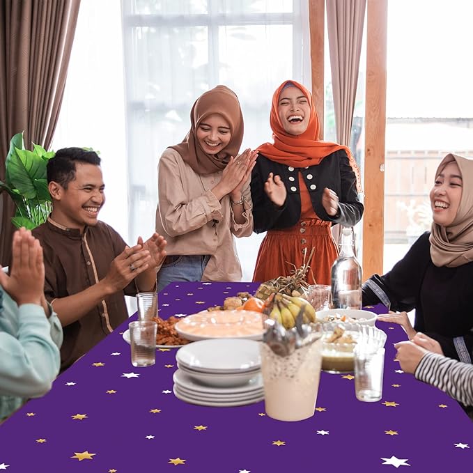 3 Pieces Ramadan Mubarak Tablecloths for Eid Mubarak Decorations Plastic Disposable Happiness Ramadan Eid Al-fitr Party Table Covers for Rectangle Tables Ramadan Party Favors, 54 x 108 Inches（Purple）
