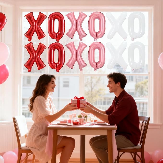 12 Pcs XO Valentines Balloons, 16 Inch Red Pink XOXO Letters Foil Mylar Balloons Banner Valentine Day Balloon Decorations for Romantic Galentines Day Bridal Shower Engagement Anniversary Party Decor