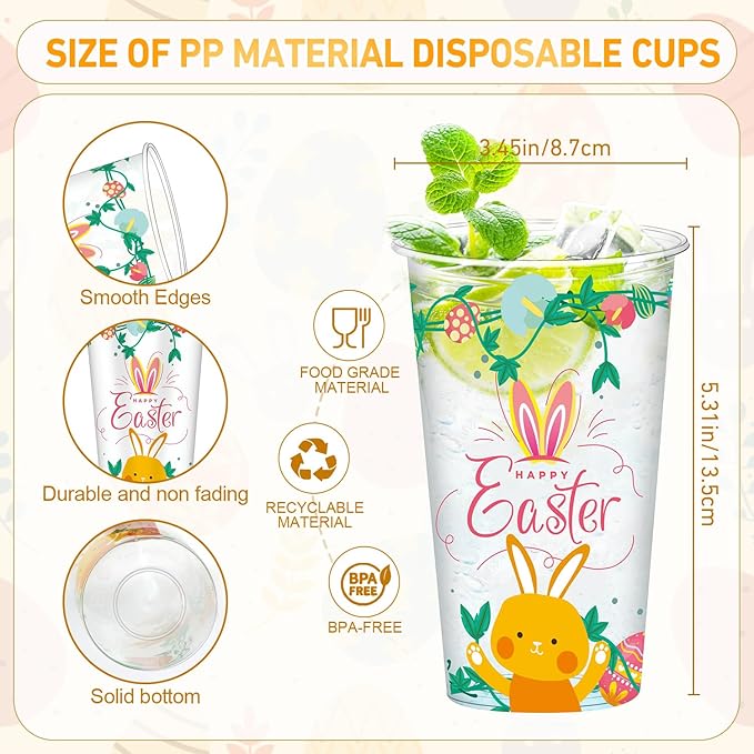 50Pcs Easter Disposable Plastic Cups 16 oz Happy Easter Clear Cups with Cute Bunny Colorful Eggs and Chick Spring Drinking Cups, Party Cups Coffee Hot and Cold Drinks Spring Party Decorations