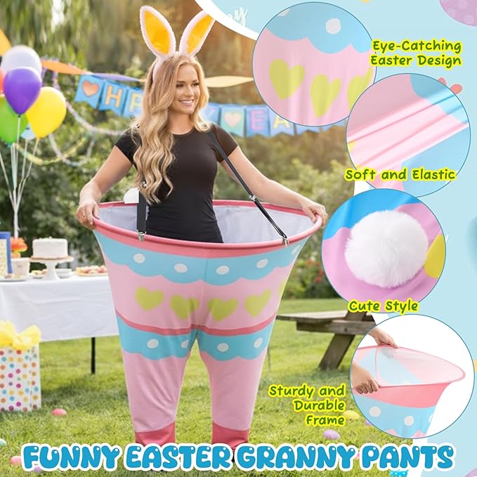 2 Sets Easter Granny Pants Outdoor Games, Giant Granny Cute Pants with Egg Balls & Bunny Ear Headbands, Funny Spring Yard Tossing Game for Adults Family Party Gathering (Cute Style)