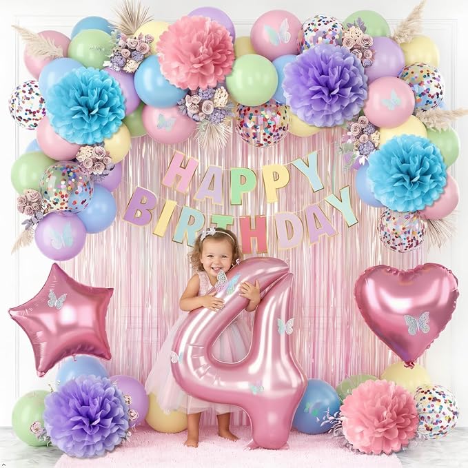Pastel 4th Birthday Party Decorations for Girls Number 4 Balloon Happy Birthday Banner Butterfly Stickers Fringe Curtain Paper Pom Poms Macaron Pink Star Heart Foil Colorful Balloons 4 Year Old Decor