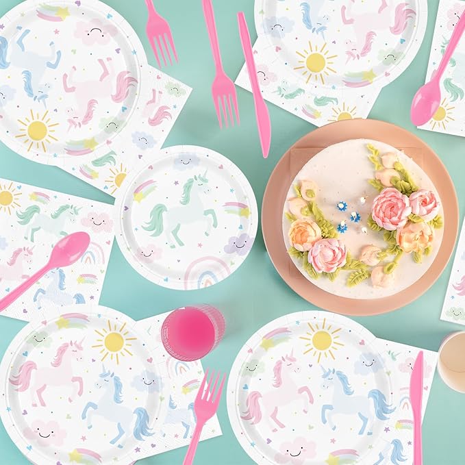 Unicorn Birthday Party Supplies for 24 Guests, Magical Pastel Theme Tableware Set Includes Disposable Paper Plates, Napkins, Cups, Cutlery, Unicorn Birthday Decorations for Girls
