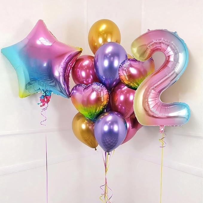 Rainbow Gradient Number 2 Balloon, 40 Inch Big Large Foil Number Balloons, Jumbo Mylar Number 2 Balloons for 2 Second Birthday Party Decorations Supplies Anniversary Celebration