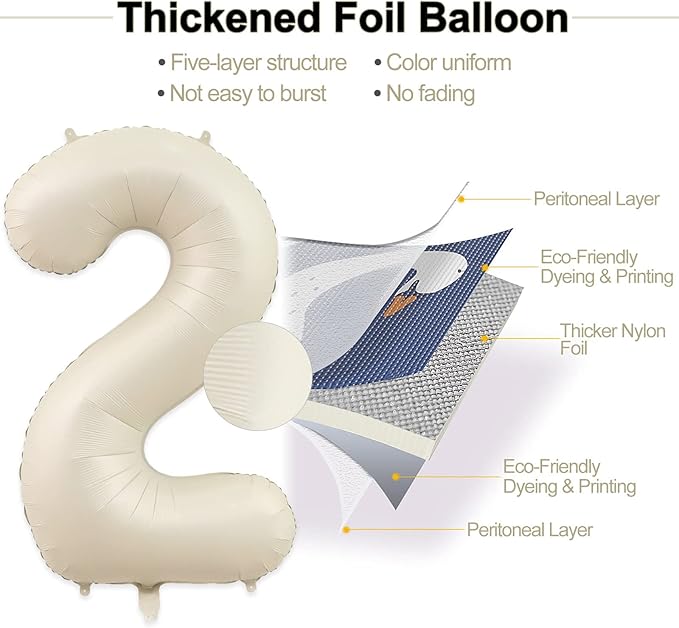 Number 2 Balloon, 2 Balloon, 2 Balloon Number 40 Inch, Sand White Large Big Foil Number Balloons for 2 Birthday Party Wedding Anniversary Baby Shower Bachelorette Decoration Supplies