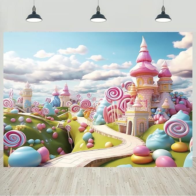 5x3ft Candyland Backdrop Fantasy Sweet Candy Castle Cream Photography Background Candyland Theme Boys Girls Birthday Party Decorations Banner Photo Studio Props