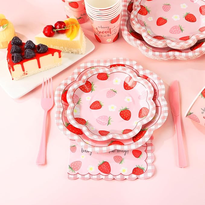 Strawberry Baby Shower Decorations for Girl, Berry Sweet Baby Shower Plates and Cups and Napkins Sets Serves 24, Strawberry Plates, A Berry Sweet Baby Is On The Way Decorations, Girl