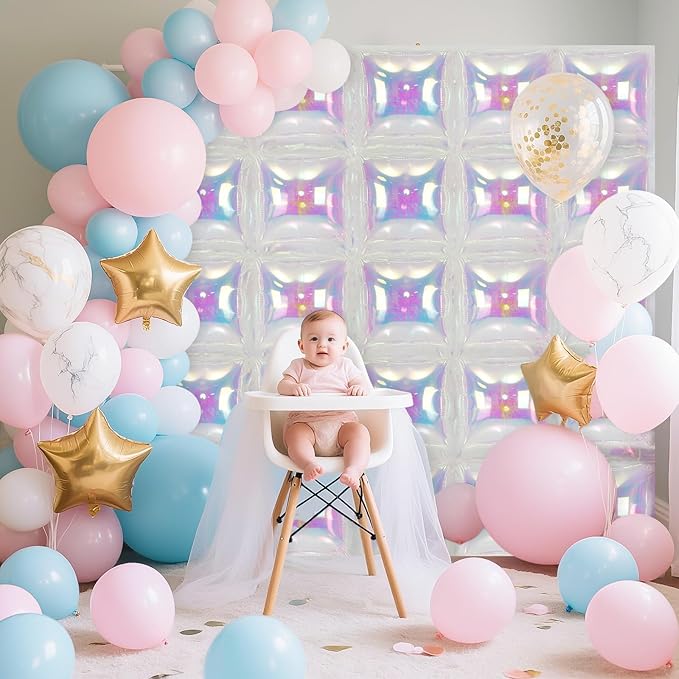 Iridescent Square Foil Balloons Wall, Double Sided Chrome Holographic Rainbow Foil Balloons Wall Backdrop, Shiny Iridescent Balloons for Wedding Anniversary Mermaid Birthday Disco Party Decorations