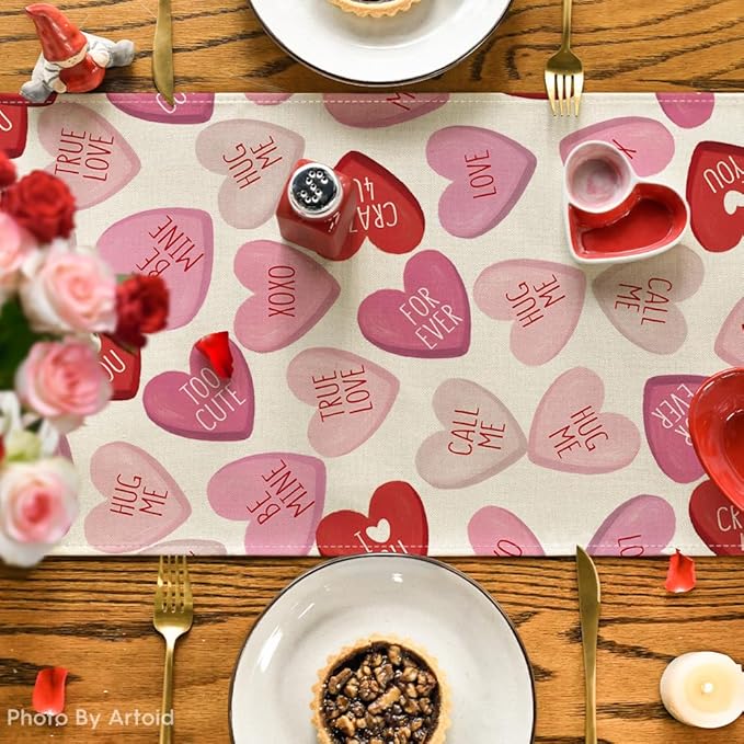 Artoid Mode Pink Ture Love Heart Table Runner, Festival Anniversary Kitchen Dining Table Decoration for Home Party Decor 13x36 Inch
