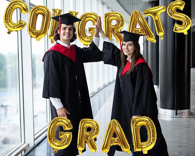 KALOR 16 Inch Gold Congrats Grad Banner Balloons, Gold Congrats Grad Letters Sign, Graduation Decorations 2026 for Graduation Party Decorations 2026
