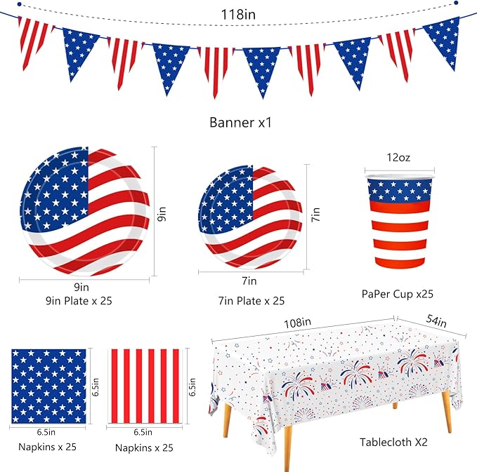 4th of July Decorations Patriotic Party Supplies Disposable Plates Napkins Cups Tablecloth and American Flag Pennant Decor for Fourth of July Independence Veterans Election Memorial Day Serve 25