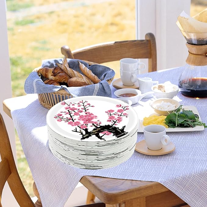 50Pcs Chinese New Year Party Supplies Chinese Japanese Cherry Paper Plates 7"Cherry Blossom Dessert Plates Flowers Plates for Birthday Wedding Chinese New Year Spring Festival Decorations (White)