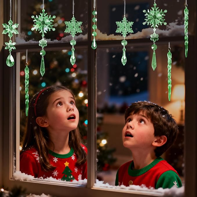18pcs Crystal Christmas Ornaments for Christmas Tree Decorations-Green Hanging Acrylic Snowflake and Icicle Ornaments with Drop Pendants for New Year Party Decorations Supplies