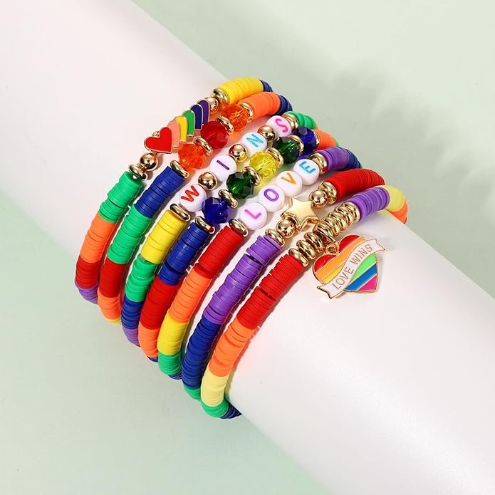 Surfer Heishi Bracelets for Women Stackable Rainbow Vinyl Disc Clay Beaded Stretch Bracelets Elastic Layering Friendship Bracelets Boho Summer Beach Jewelry