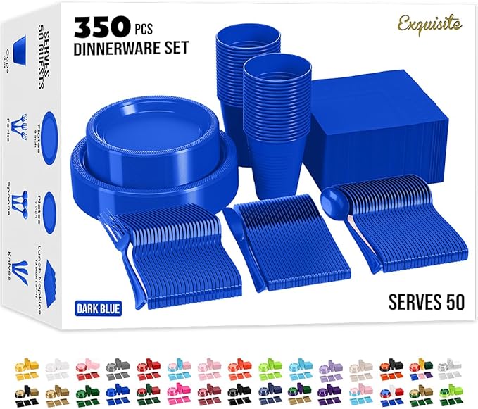 350 Pcs Dark Blue Plastic Plates For Party, Dark Blue Disposable Plates Set, 50 Of Each 9" Dinner Plate Set, 7" Dessert Plate, Cups, Napkins & Cutlery Plastic Dinnerware Set Exquisite