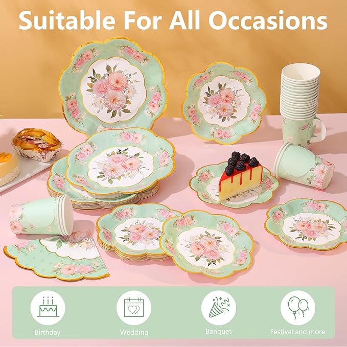 Tea Party Supplies Serves 24, Tea Party Plates and Napkins Sets Include Paper Saucers, Teacups with Handles, Tableware for Girl's Birthday, Tea Party Decoration