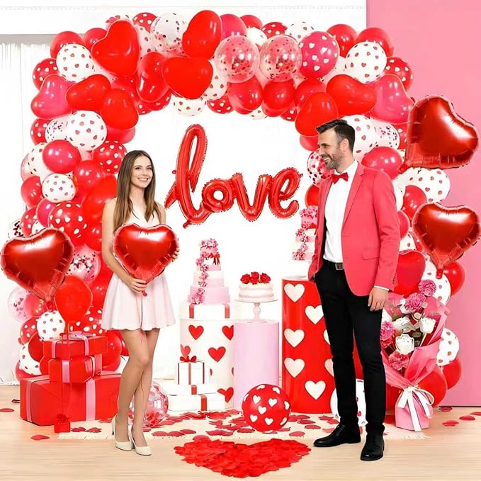 117pcs Valentines Day Balloon Arch Kit and 1000pcs red rose petals, Red Confetti Heart Balloons Love Foil Balloons for Valentines Day Balloon Decorations Engagement Wedding Party Supplies