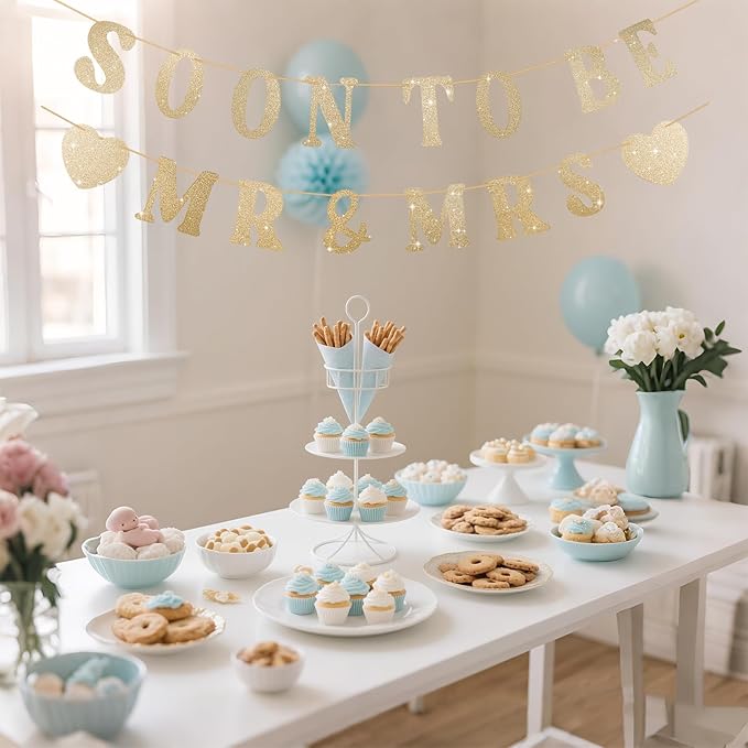 Soon To Be Mr & Mrs Sign Banner For Bridal Shower Decorations, Pre-strung Gold Glitter Wedding Shower Decorations For Home Party, Engagement Banner For Bachelorette Couples Shower