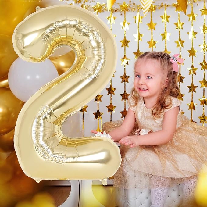 Light Gold Number 2 Balloon 40 Inch, Big Large Foil Helium White Gold Number Balloons, Giant Mylar Number 2 Balloons for 2 Year Old Birthday Party Decorations Supplies Anniversary