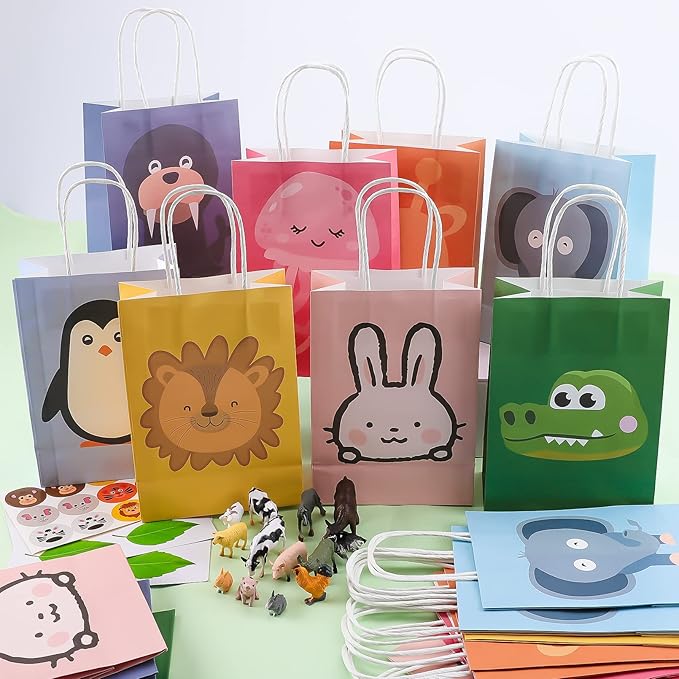 24 Pack Animal Party Favor Bags,Kids Goodie Bags for Birthday Party,Animal Goodie Treat Bags,Colorful Paper Gift Bags with Handles,Candy Bags for Kids Jungle Animals Theme Party Supplies 8 Designs