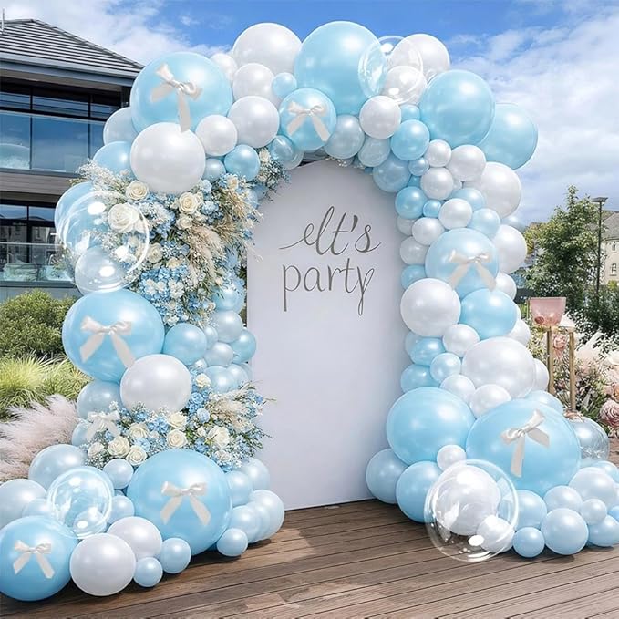 Blue White Balloon Garland Double Stuffed Light Baby Blue Balloons White Bow Bobo Pearl Balloon Arch Kit for Wedding Birthday Baby Shower Winter Princess Party Decorations
