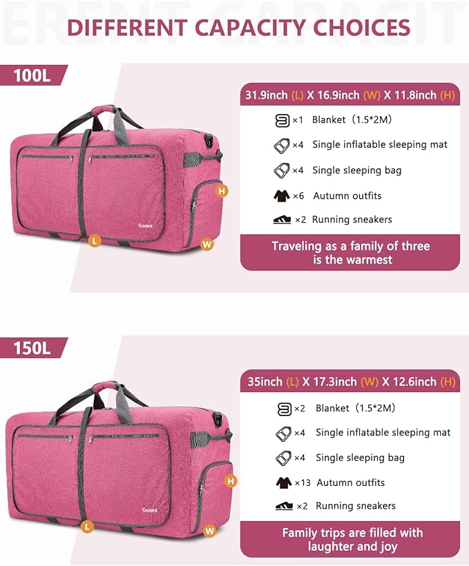 Gonex 40L 60L 80L 100L 150L Large Foldable Travel Duffle Bag with Shoes Compartment, Packable Lightweight Water Repellent Duffel Bag for Camping Gym Weekender Bag