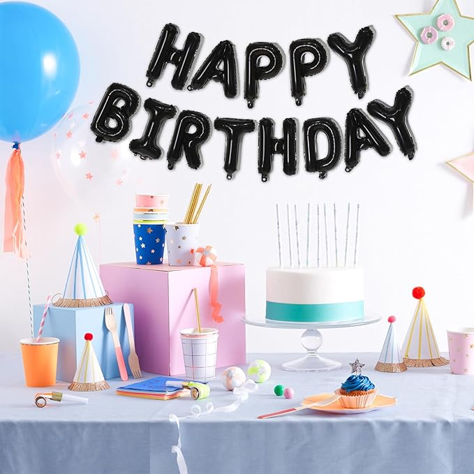 75pcs 16" Happy Birthday Balloon Banner, Black Balloons Letters, Personalized Mylar Foil Birthday Decorations includes 2 Sets A- Z, 1 set Number 0-9 "HAPPY BIRTHDAY" letters