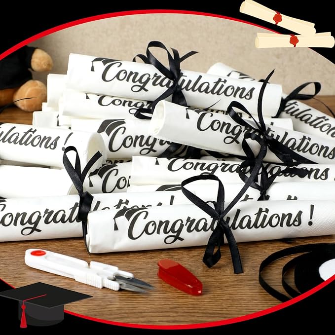 100 Set Graduation Congratulation Guest Napkins Black Rolled Silverware Disposable Grad Award Dinner Napkin with Ribbon and Scissors for Celebration