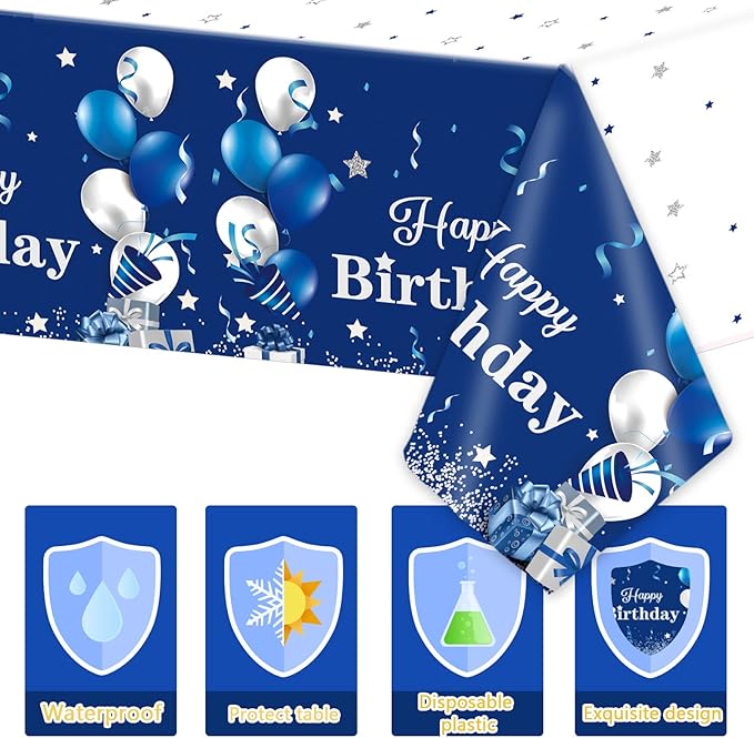 3 Pack Navy Blue Party Supplies Happy Birthday Tablecloths Disposable Rectangle Plastic Table Covers Blue and Silver Confetti Stars Tablecloths for Kids Boys Girls Birthday Party Decorations 54x108''
