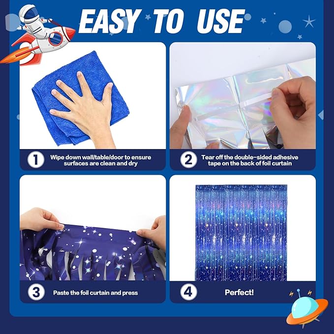 3 PCS Galaxy Foil Curtains Backdrop for Space Themed Party Decorations, 3.3 x 6.6 ft Blue Iridescent Tinsel Curtains, Foil Fringe for Photo Booth, Outer Space Birthday or Alien Party
