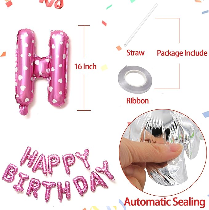 KALOR Pink Happy Birthday Balloons Banner, 16 Inch 16 Inch Mylar Foil Letters Balloon Sign for Birthday Party Decorations Photo Booth Backdrop