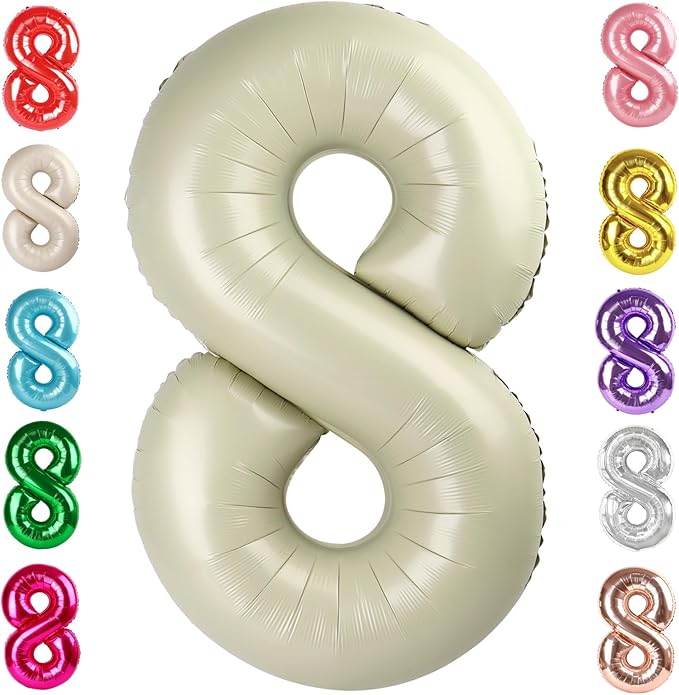40 Inch Number 8 Balloon, Cream White 8 18 28 80 Birthday Balloons for Men Boys, 8th Birthday Decorations Party Supplies, Wedding, Graduations