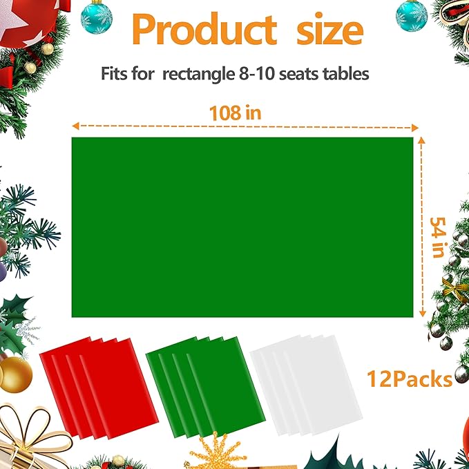 12 Pack Christmas Plastic Tablecloths, Disposable Red White Green Rectangle Table Covers for Holiday Dining Decorations,Christmas Theme Party Supplies,54 x 108 Inch