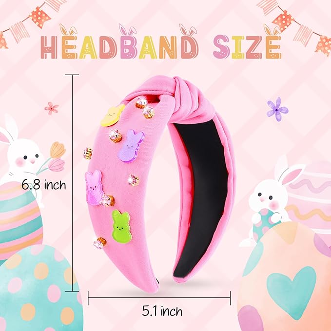 Easter Bunny Headbands for Women, Easters Outfits for Girls Rhinestone Jeweled Rabbit Ears Knotted Headband, Easter Basket Stuffers, Spring Party Favor Gift Peeps Hair Accessories (Pink)