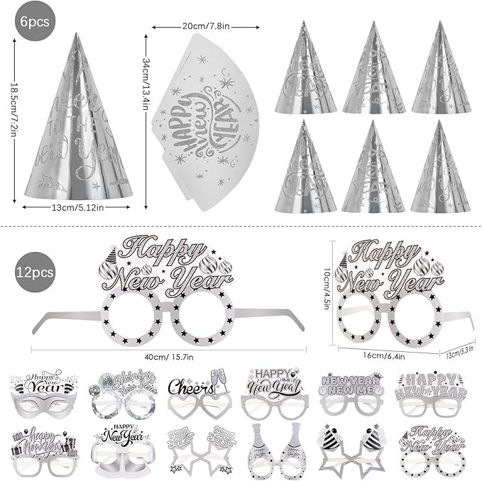 2026 Glitter NYE Party Supplies Decorations, 42pcs New Years Eve party Supplies kits Silver New Year Hats, Happy New Year Headbands, Glasses, Noisemaker, wreath for happy new year