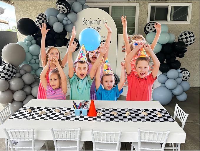 Race Car Balloon Garland Arch Kit 154PCS Dusty Blue Black Latex Balloon Wheel Checkered Foil Balloons for Race Car Baby Shower Party Two Fast Birthday Party Decorations