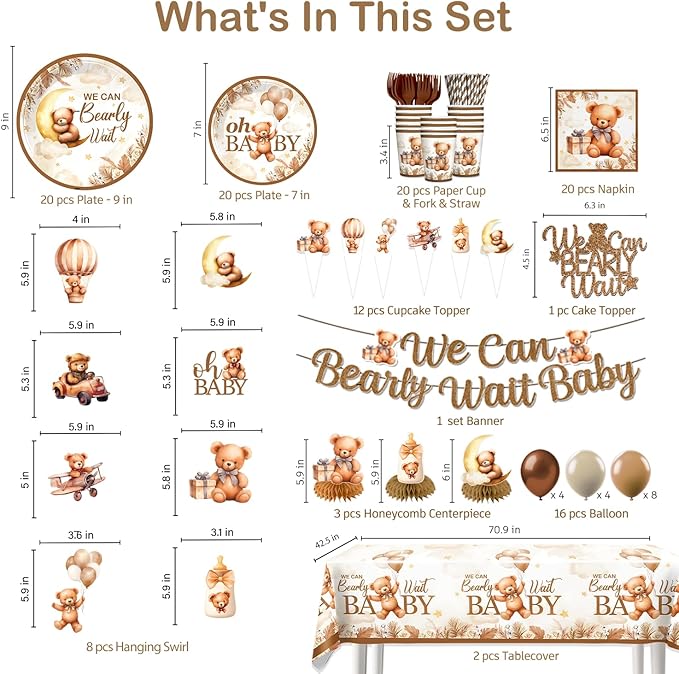 163pcs Bearly Baby Shower Decorations Complete Tableware Set, Serves 20 Guests, Teddy Bear Baby Shower Decor, Bear BabyShower Decorations Boys Girls, For Barely Theme Party