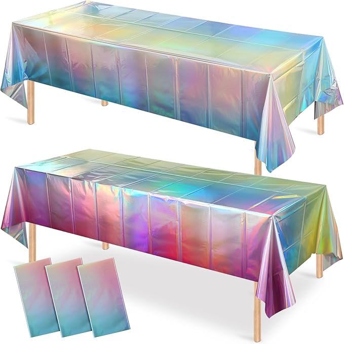 3 Pack Iridescent Pastel Plastic Tablecloth, Shiny Disposable Laser Rectangle Table Covers, Holographic Foil Tablecloth Iridescent Party Decorations for Spring Easter Baby Shower Birthday, 54x108Inch