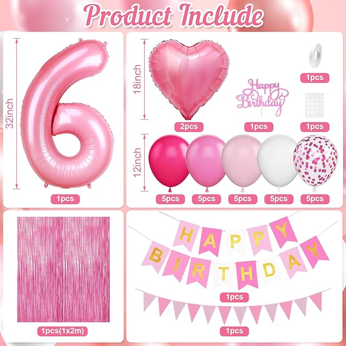 6th Birthday Decorations for Girls: Hot Pink Balloons, Happy Birthday Banner, Fringe Curtain, Cake Topper, Heart Foil Balloons