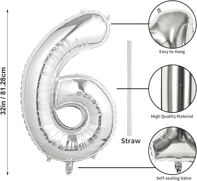 32 In Silver Large Numbers Balloons 0-9, Self Inflating Number 6 Balloons for Boys Girls, Big Silver Digit 6 Balloons for Women Men Birthday Party Anniversary Wedding Supplies Decorations