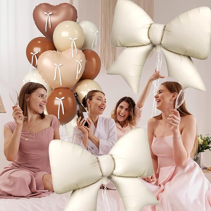 16Pcs Apricot Brown Heart Balloons, 38 Inch Bow Balloons, Tan Beige Sand White Balloon and Bow Heart Shaped Foil Balloon for Neutral Birthday Wedding Bridal Baby Shower Valentines Day Decorations