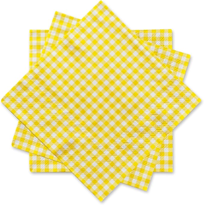 Gatherfun Party Supplies, Disposable Paper Napkins Yellow and White Gingham Napkins for Easter Party（3-ply, 6.5X6.5 in, 50-Pack)