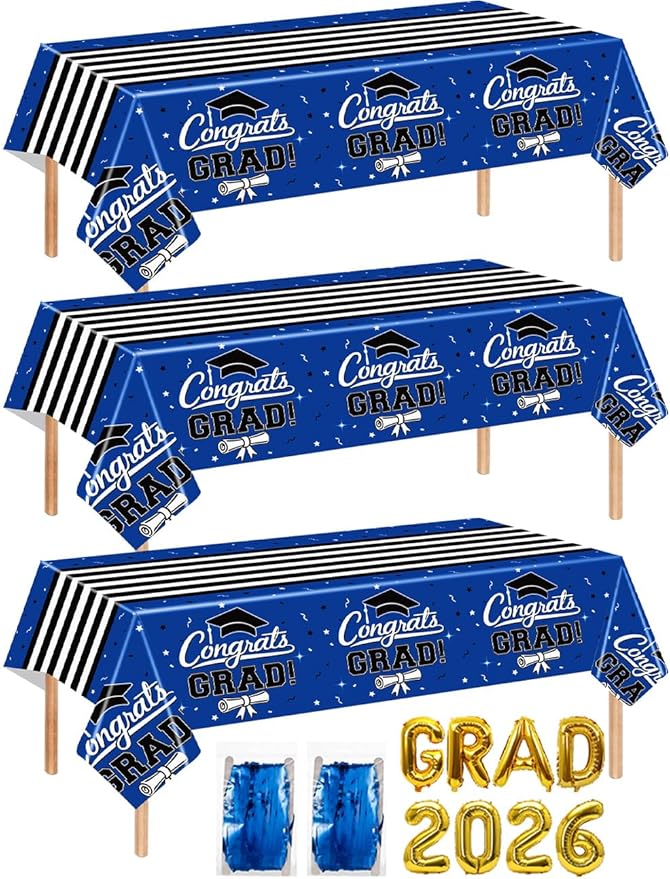 7-Pack Graduation Party Decorations Set, 3 Blue Graduation Tablecloths 54x108in, 2026 and Grad Balloons, 2 Foil Fringe Curtains for High School College Graduation Party Photo Booth