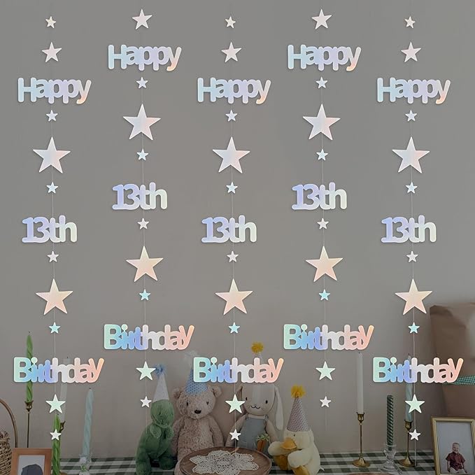13th Birthday Decorations for Girls Iridescent Metallic Twinkle Star Garlands Sign Hanging Swirls Streamer 13 Year Old Official Teenager Happy Birthday Banner Thirteen Party Decor