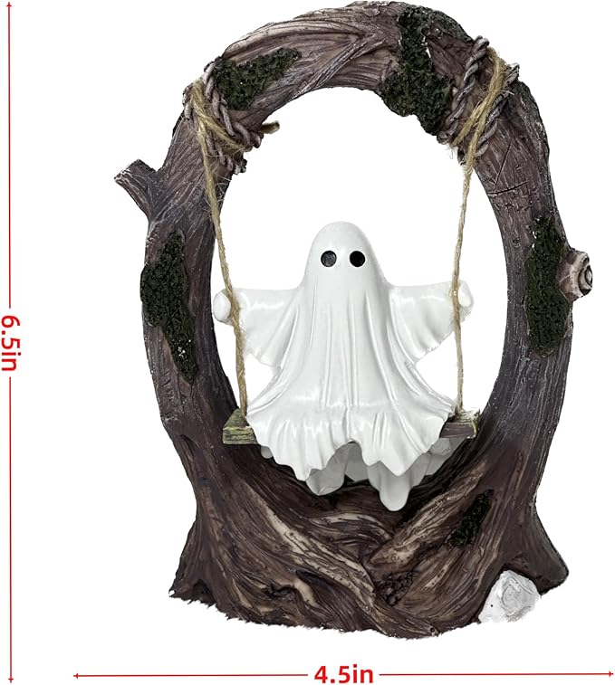 Swinging Ghost on Tree Swing, Cute Swinging Ghost Halloween Figurine Indoor Decoration, Desktop & Bookshelf Decor, Outdoor Courtyard Garden Decoration, Halloween Ghost Gift