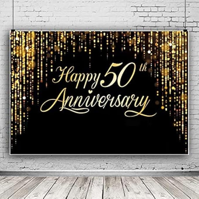 Anniversary Backdrop for Happy 50th Party, Black Gold Background Glitter Bokeh Dots Wedding Anniversary Party Photo Background Cake Table Extra Large Wall Decor Props (73'' x 50'')