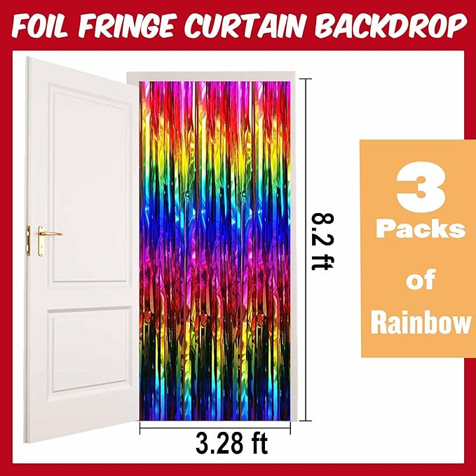 3 Pack Rainbow Foil Fringe Curtains Backdrop, 3.28 x 8.2 Ft Metallic Streamers Tinsel Curtains Background for Photo Booth, Birthday, Halloween, Christmas, Thanksgiving, New Year Party Decorations