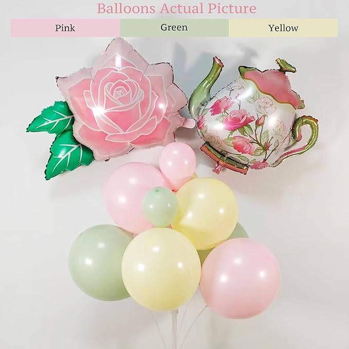 146Pcs Tea Party Balloon Garland Kit with Pink Green Yellow Teapot & Floral Balloons for Tea Party Baby Shower Decorations, Garden Party, Bridal Shower, High Tea, Let’s Partea Decor