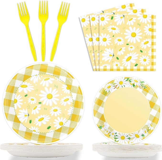 Wiooffen 96 Pcs Daisy Flower Party Supplies for 24 Guests Daisy Party Tableware Set Yellow Daisy Flower Birthday Party Pack Paper Plate Napkin Fork for Birthday Party Wedding Bridal Baby Shower