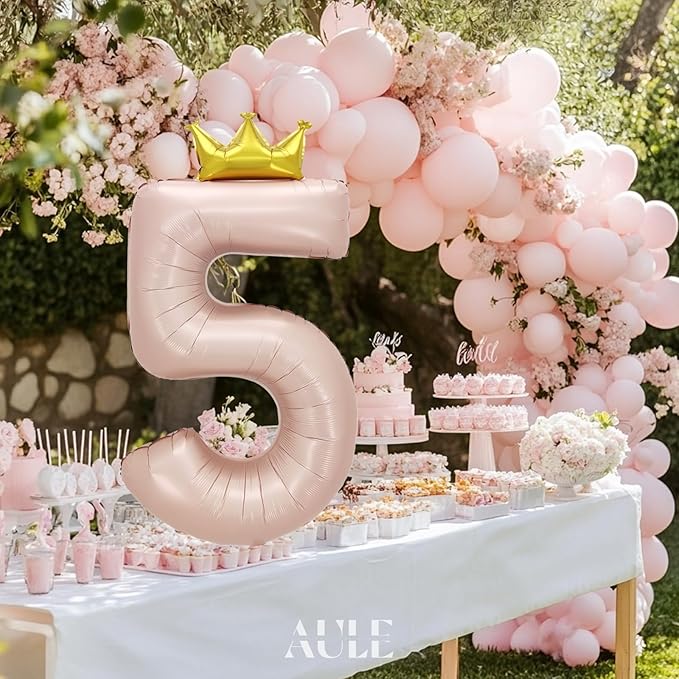 AULE 40 Inch Big Pink 5 Balloon Number with Crown Large Foil Helium Number Balloons 0-9 Jumbo Giant Happy 5th Birthday Party Decorations Huge Mylar Anniversary Party Supplies